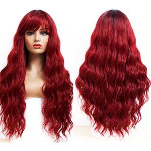 ANDRIA Women's 26" Wavy Wig w/Bangs Synthetic Heat Resist Ombre Burgundy Red NWT